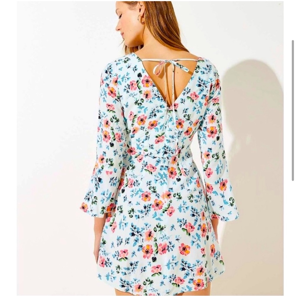 NWOT Loft Floral Tie Back Bell Sleeve Dress in Soft Blue Breeze - Picture 4 of 4